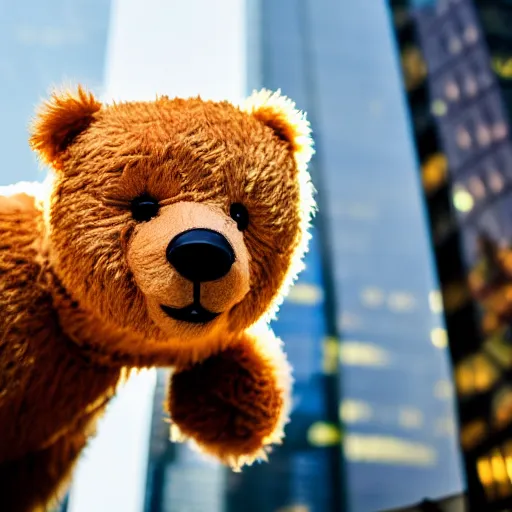 Prompt: a cute teddybear in the middle of a busy street with skyscrapers, low angle camera, cinematic, very detailed, 4 k, depth of field