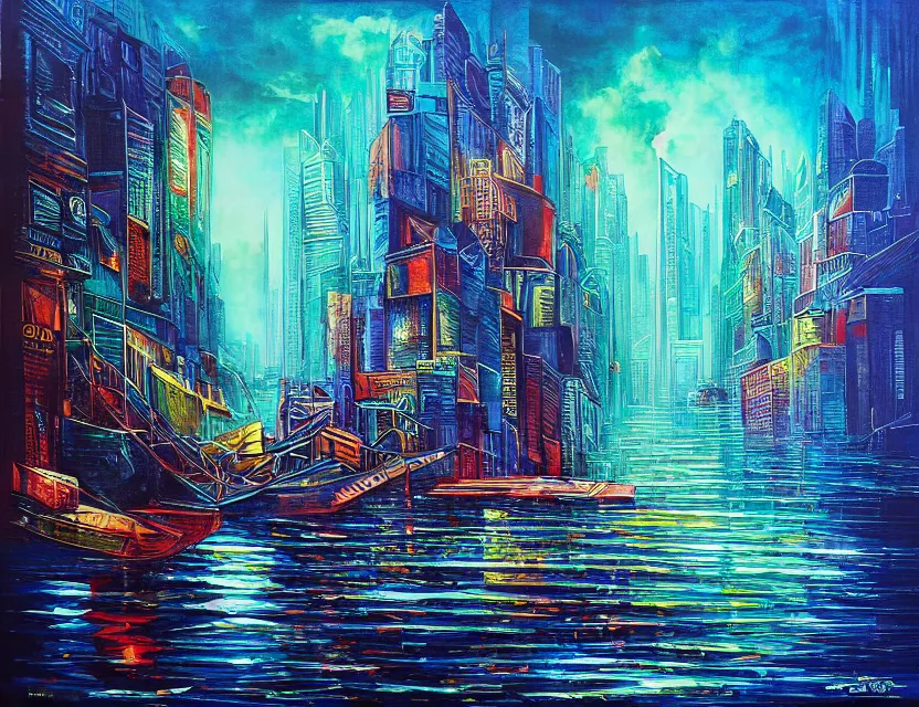 Image similar to ocean spirit lost in a metropolis. this art noveau painting by the award - winning artist has dramatic lighting, an interesting color scheme.