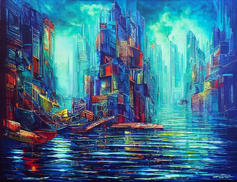 Prompt: ocean spirit lost in a metropolis. this art noveau painting by the award - winning artist has dramatic lighting, an interesting color scheme.