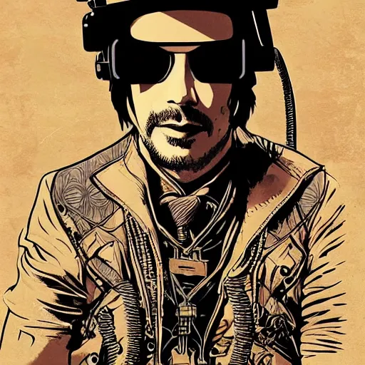 Image similar to Illustrated by Shepard Fairey and H.R. Geiger | Steampunk Keanu Reeves with VR helmet, surrounded by cables