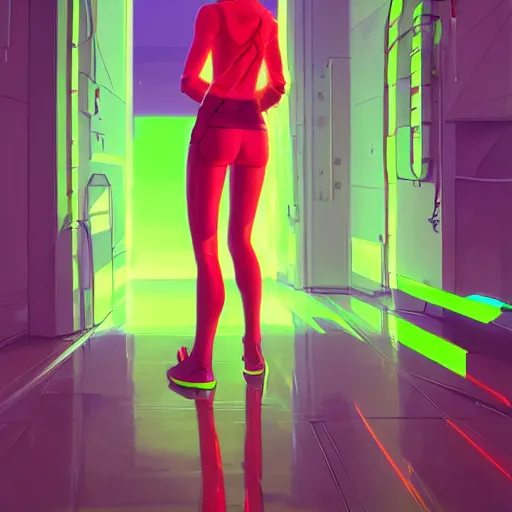 Image similar to a female protagonist wearing neon clothing minimalist, cyberpunk, behance hd by jesper ejsing, by rhads, makoto shinkai and lois van baarle, ilya kuvshinov, rossdraws global illumination ray tracing hdr radiating a glowing aura, fine texture, editorial illustration, dramatic lighting, dynamic composition, detailed, matte print, dynamic perspective, muted color