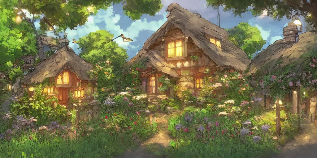 Image similar to flowery cottage, evening, highly detailed, studio ghibli, artstation