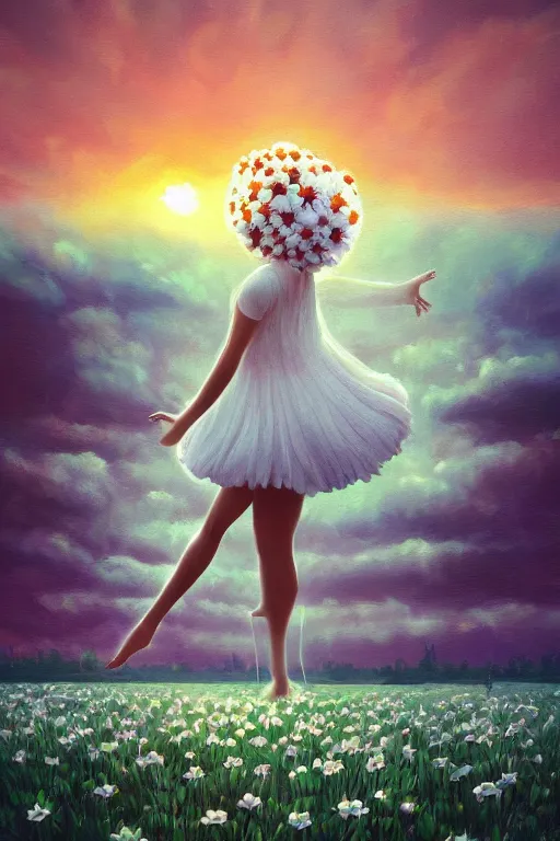 Prompt: giant white daisy flower as head, veiled girl dancing in a flower field, surreal photography, sunrise, dramatic light, impressionist painting, colorful clouds, digital painting, artstation, simon stalenhag