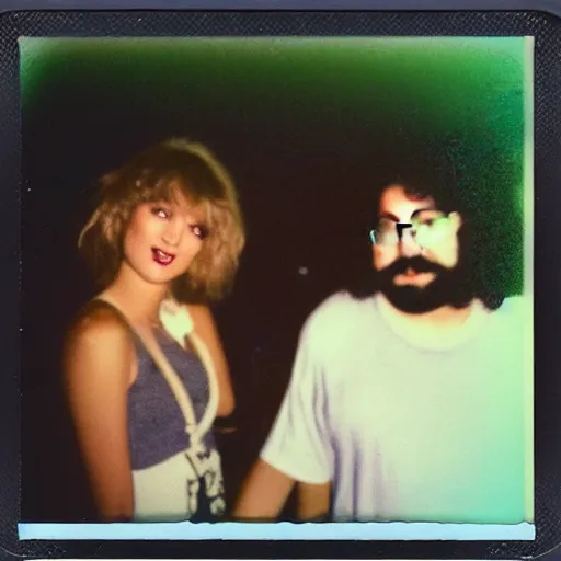 Image similar to found polaroid of my mom, who look exactly like Taylor Swift, hanging out with Jerry Garcia