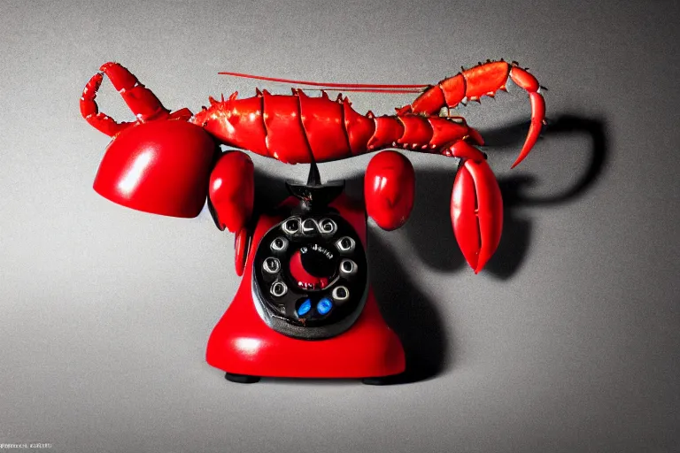 Image similar to commercial product photography advertisement for Salvador Dali’s Lobster Telephone, a black Rotary telephone with a red painted plaster lobster for a handle, Rear lighting, commercial studio lighting