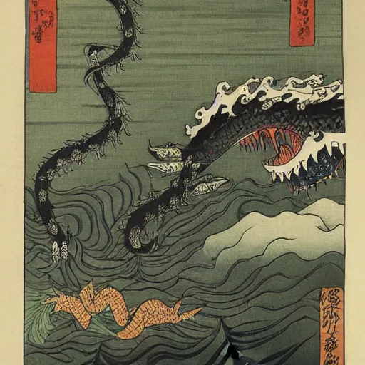 Prompt: A sea of dragons by Utagawa Kuniyoshi, ukiyo-e, nightmare ocean storm