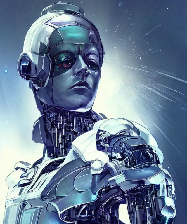 Prompt: a man turning into an android portrait wearing a part cybernetic body, surrealism, scifi, intricate, elegant, sharp eyebrows, highly detailed cybernetic body, neon glowing eyes, digital painting, artstation, concept art, smooth, sharp focus, illustration, art by artgerm and moebius and peter mohrbacher