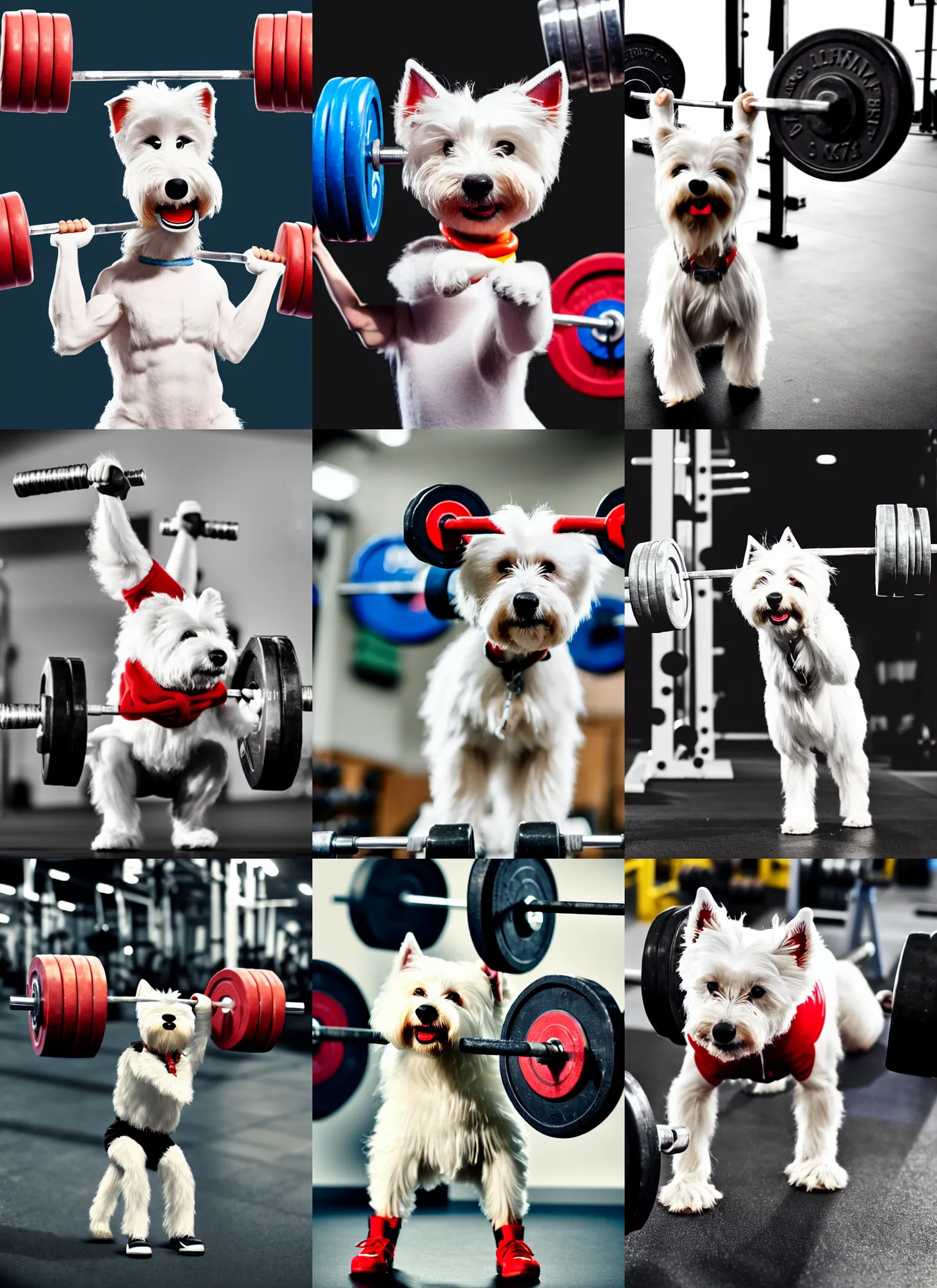 Prompt: a photo of an anthropomorphic anthropomorphic westie weight lifting weightlifting barbell up in olympic, 4 k