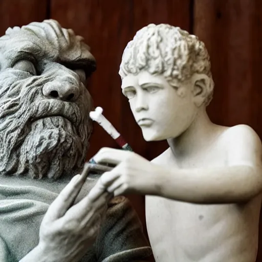 Prompt: a marble statue of Sasquatch smoking a joint