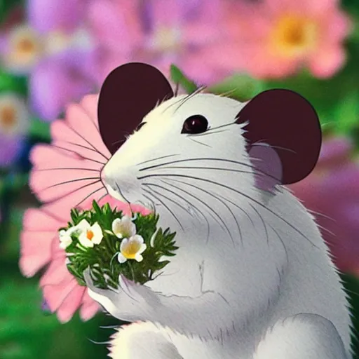 Image similar to white rat holding a flower cinematic composition, studio ghibli, cute