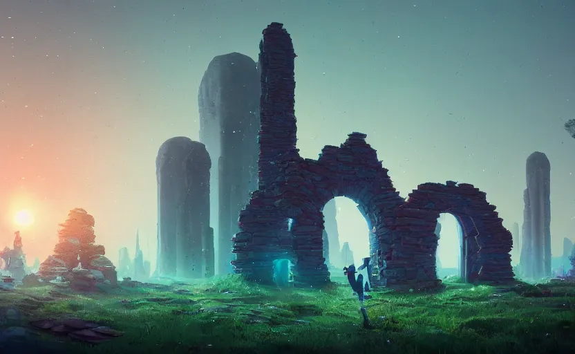 Image similar to A landscape with a giant stone brick tower with pillars on top at sunset, forest, magical portal, cyberpunk, glowing runes, Low level, rendered by Beeple, Makoto Shinkai, syd meade, simon stålenhag, environment concept, synthwave style, digital art, unreal engine, WLOP, trending on artstation, 4K UHD image, octane render,