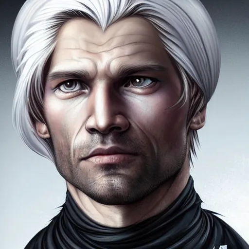 Prompt: a young Nikolaj Coster-Waldau with white hair, a white tunic and a black vest, fantasy art, digital painting, by Heise Jinyao, Heise-Lian Yan Fang, feimo, Richard Taddei, trending on ArtStation, concept art, cgsociety, octane render, trending on artstation, artstationHD, artstationHQ, unreal engine, 8k