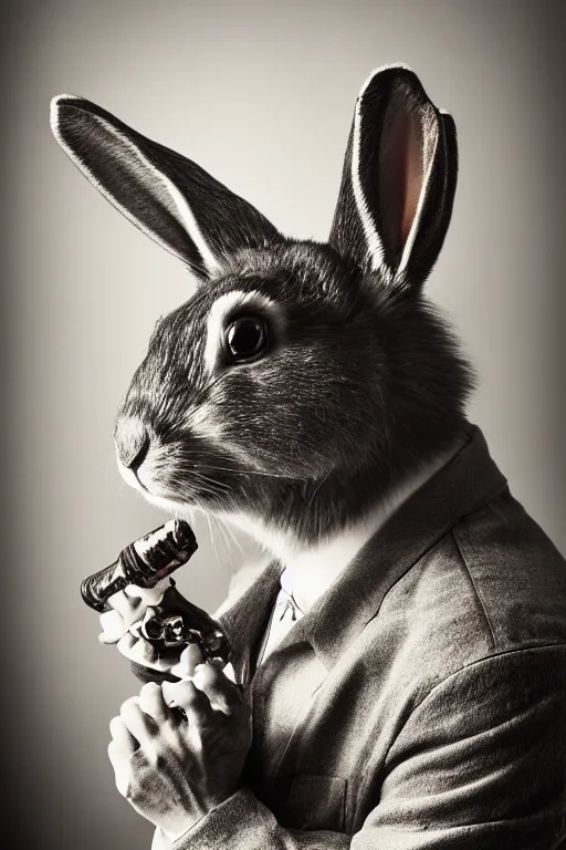 Image similar to portrait of a half cherokee half rabbit smoking a pipe, dramatic lighting, studio photo, realistic