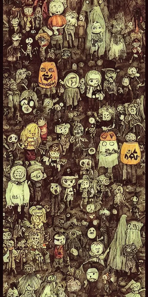 Image similar to a vintage halloween scene by alexander jansson and where's waldo