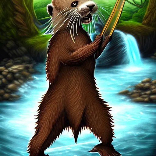 Image similar to furry otter warrior, fantasy art, lightweight armour, near the river, waterfall, digital art, high quality