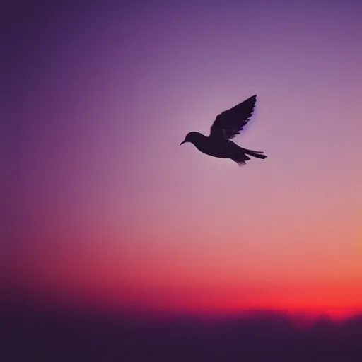 Prompt: Realistic shot of a radiant glowing dove flying over the clouds at sunset, ethereal, vintage photograph, film grain, surreal, awe-inspiring, highly detailed