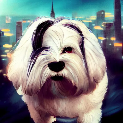 Prompt: cream colored havanese dog with a superhero cape and mask, tight shot, futuristic city, dusk, highly coherent, saga comic, graphic novel, fiona staples