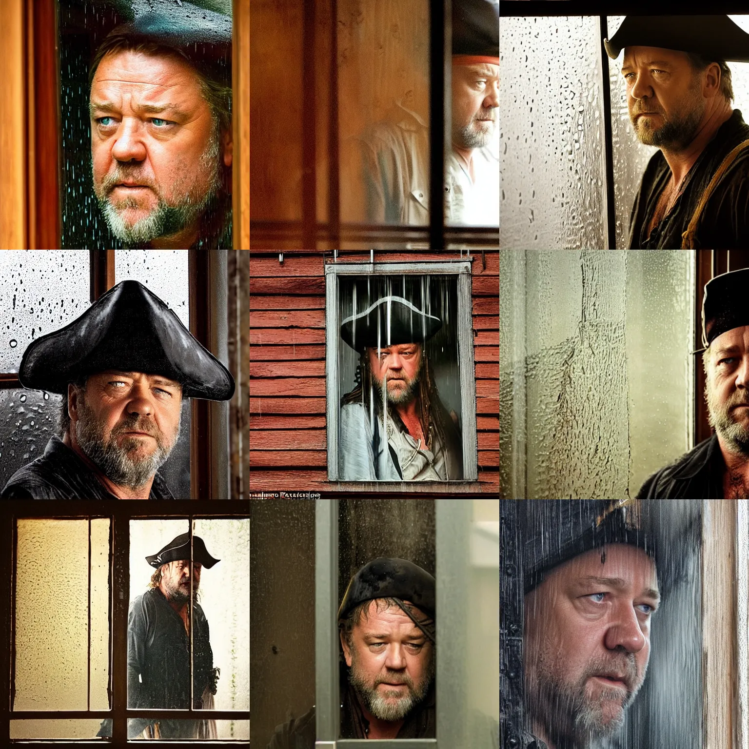 Image similar to obscured by window, concerned russell crowe wearing a big pirate hat standing behind a rainy dirty window and wooden wall peering out towards the camera