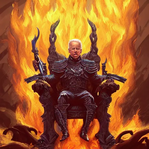 Image similar to Joe Biden sitting on a throne of skulls surrounded by fire, digital painting, highly detailed, trending on Artstation