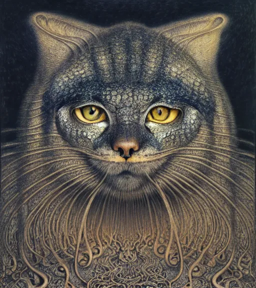 Image similar to detailed realistic beautiful manul face portrait by jean delville, gustave dore, iris van herpen and marco mazzoni, art forms of nature by ernst haeckel, art nouveau, symbolist, visionary, gothic, neo - gothic, pre - raphaelite, fractal lace, intricate alien botanicals, ai biodiversity, surreality, hyperdetailed ultrasharp octane render