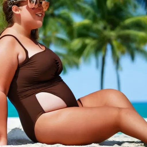 Prompt: a chubby woman with light brown hair and green eyes lounging at the beach wearing a one - piece swimsuit