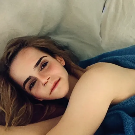 Image similar to emma watson in bed, comfy, with a little white blanket, bare shoulders, freckles, no makeup, no filter, natural skin, messy hair, sleepy, smiling sheepishly