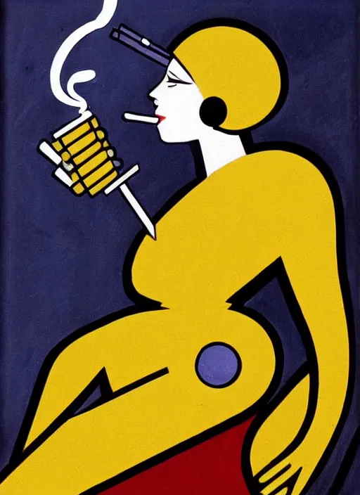 Image similar to art-deco painting of a curvy robot lady smoking a cigarette with a cigarette-holder