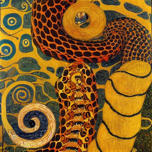 Image similar to detailed oroboros snake biting its tail frathered serpent painting by gustav klimt