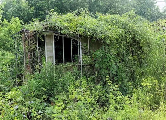 Image similar to post apocalyptic overgrown shed, covered in vines with wildflowers growing near the base, 3 PM sunny, humid