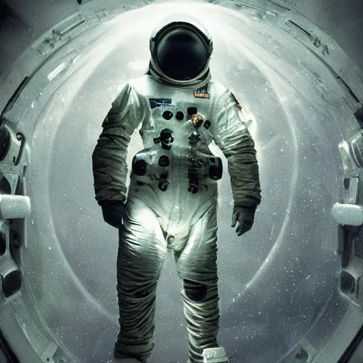 Prompt: concept art by craig mullins astronaut in futuristic dark and empty spaceship underwater. infrared complex and hyperdetailed technical suit. mandelbulb fractal. reflection and dispersion materials. rays and dispersion of light. volumetric light. 5 0 mm, f / 3 2. noise film photo. flash photography. interstellar movie art