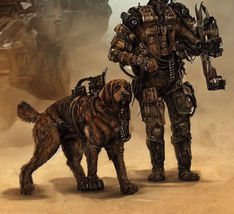 Image similar to a good ol'bloodhound dog fursona ( from the furry fandom ), heavily armed and armored facing down armageddon in a dark and gritty version from the makers of mad max : fury road. witness me.