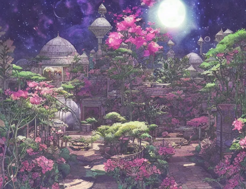 Prompt: persian garden in a space fortress. this watercolor painting by the award - winning mangaka has dramatic lighting, an interesting color scheme, a sense of depth and intricate details.