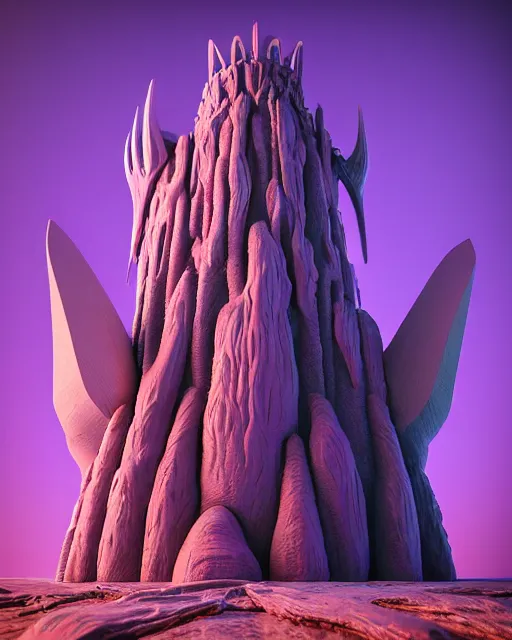 Image similar to detailed painting giant alien tower carved out of complex bone with royal purple quartz rendered in cinema 4 d octane