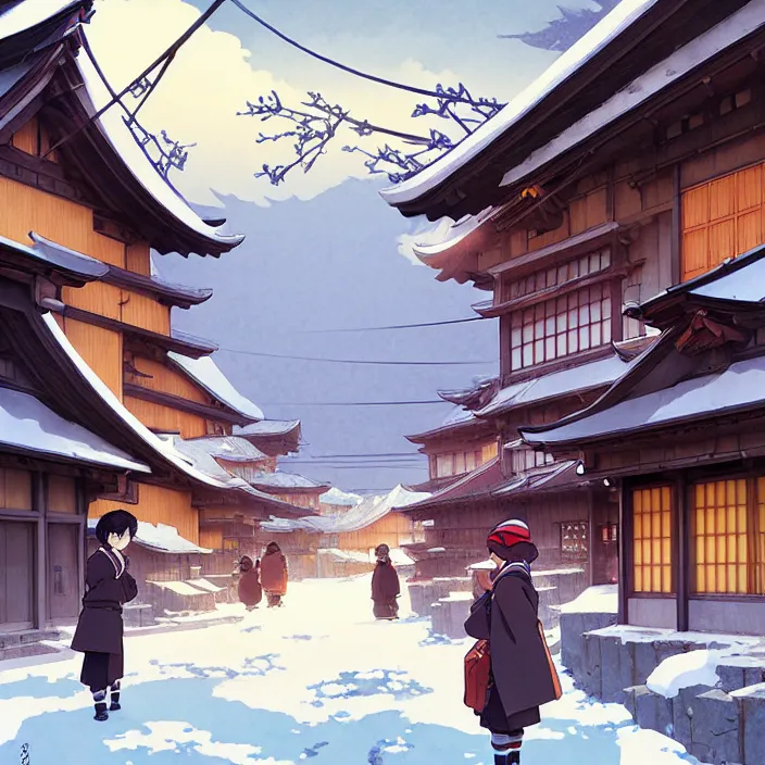 Image similar to japanese rural town, winter, in the style of studio ghibli, j. c. leyendecker, greg rutkowski, artem