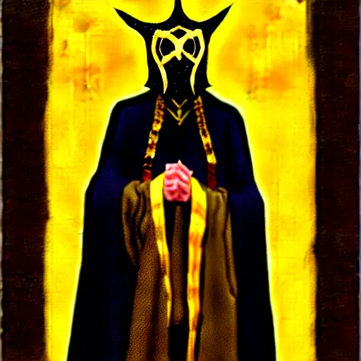 Prompt: eldritch king dressed in mask and robes, gold yellow and black colour scheme, canvas, oil paint style