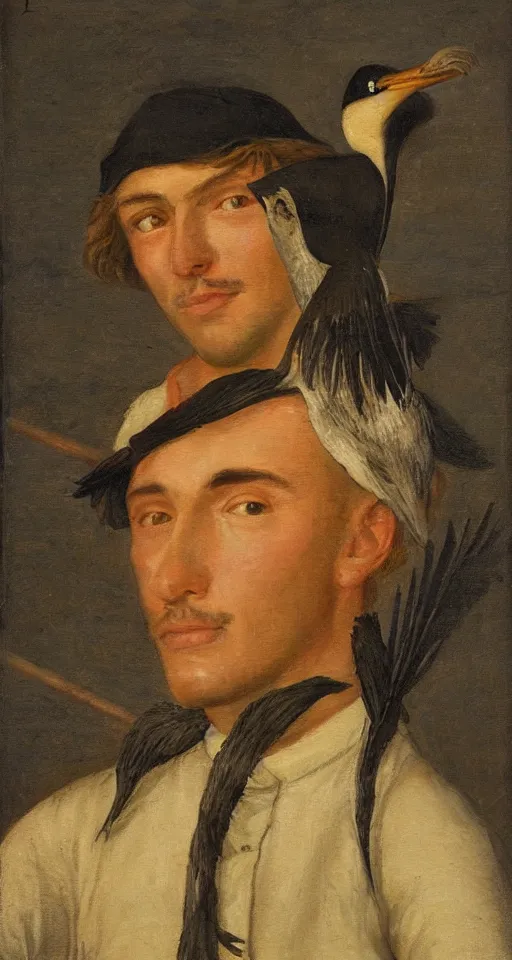 Prompt: romantic portrait painting of a fisherman with a cormorant on his shoulders, in romantic style, sfumato