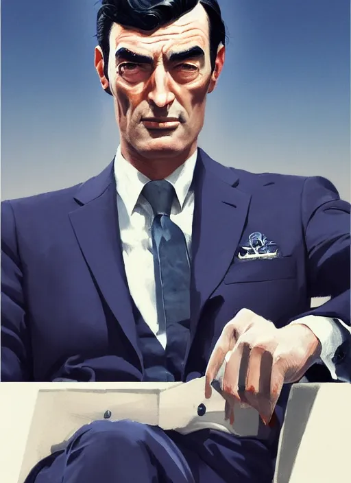 Prompt: full - length portrait of gregory peck, dressed in a navy blue suit with silver embroidered details, detailed face, fantasy, cinematic lighting, digital art painting, fine details by realistic shaded lighting poster by ilya kuvshinov katsuhiro otomo, magali villeneuve, artgerm, jeremy lipkin and michael garmash and rob rey