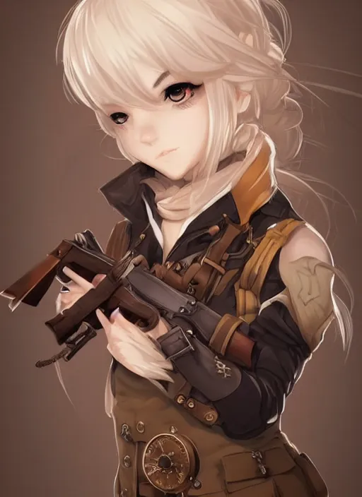 Image similar to girl with steampunk weapons and uniform, serious, intense, finely detailed, made by artgerm, full body portrait, illustration, snow, snowing, cloudy, anime, side view, perfect anime face, realistic face, zoomed out, smooth, brown eyes, high waisted shorts, sharp focus