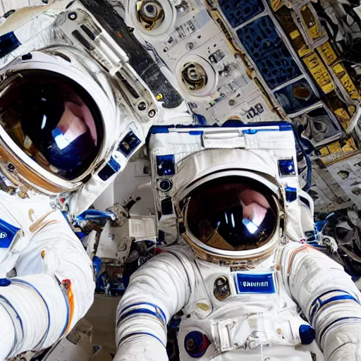 Image similar to two astronauts looking down at the camera, fish-eye lens, 15mm