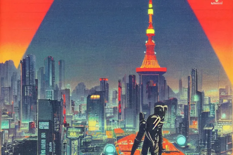 Prompt: 1979 OMNI Magazine Cover of the base of Tokyo tower in neo-Tokyo in cyberpunk style by Vincent Di Fate