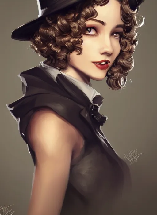 Image similar to a highly detailed illustration of curly short haired girl wearing noir hat and suit and tie, dramatic smiling pose, intricate, elegant, highly detailed, centered, digital painting, artstation, concept art, smooth, sharp focus, league of legends concept art, WLOP