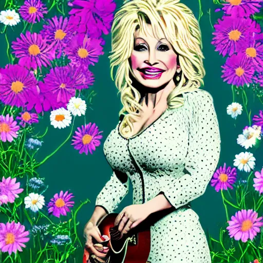 Prompt: young Dolly Parton portrait surrounded by flowers, posterized, floral,