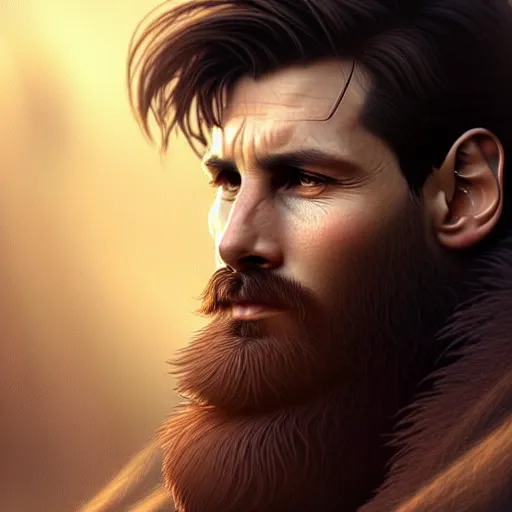 Image similar to Messi with a majestic beard, closeup, D&D, fantasy, intricate, elegant, highly detailed, digital painting, artstation, concept art, matte, sharp focus, illustration, art by Artgerm and Greg Rutkowski and Alphonse Mucha