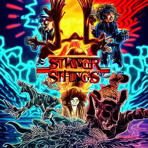 Prompt: A experimental art of two people, one a demon and the other a human, fighting each other with swords. Stranger Things by Cory Arcangel energetic