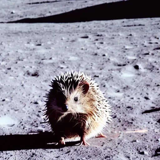 Prompt: high quality photo of hedgehog in astronaut suit on the Moon