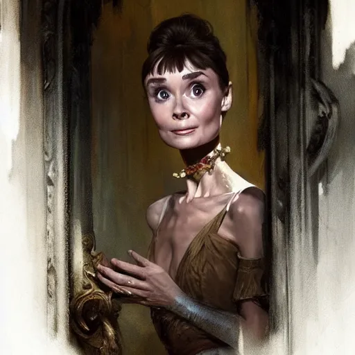 Image similar to audrey hepburn, inside haunted mansion looking for a way out, various scenarios, highly detailed, digital painting, artstation, art by gaston bussiere, greg rutkowski, j. c. leyendecker