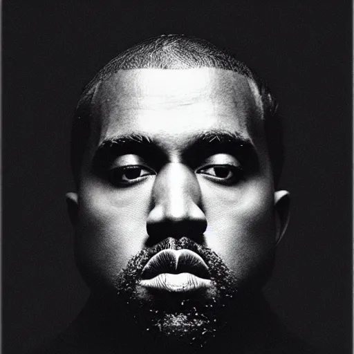 Image similar to a chiaroscuro lighting portrait of kanye west dressed as rick owens, black background, portrait by julia margaret cameron, shallow depth of field, 8 0 mm, f 1. 8