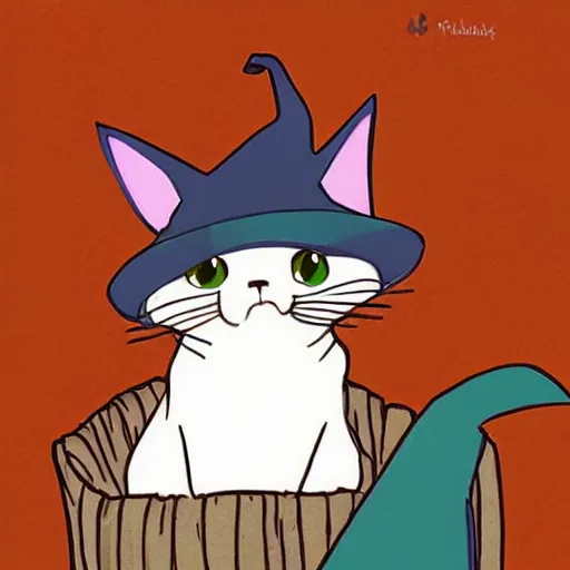 Image similar to very cute illustration of a cat wearing a witch hat, studio ghibli art style, warm fall colors