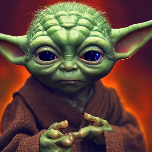 Image similar to Very very very very highly detailed epic central composition photo of baby Yoda as Smeagol face, intricate, happy colors, extremely detailed, digital painting, smooth, sharp focus, illustration, volumetric lighting, incredible art by Brooke Shaden, artstation, concept art, Octane render in Maya and Houdini