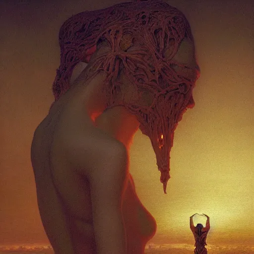 Prompt: Woman masterpiece, golden glow from behind her, by Edgar Maxence and Ross Tran, Zdzisław Beksiński, and Michael Whelan, distant, gustav dore, H.R. Giger, 8k, octane render